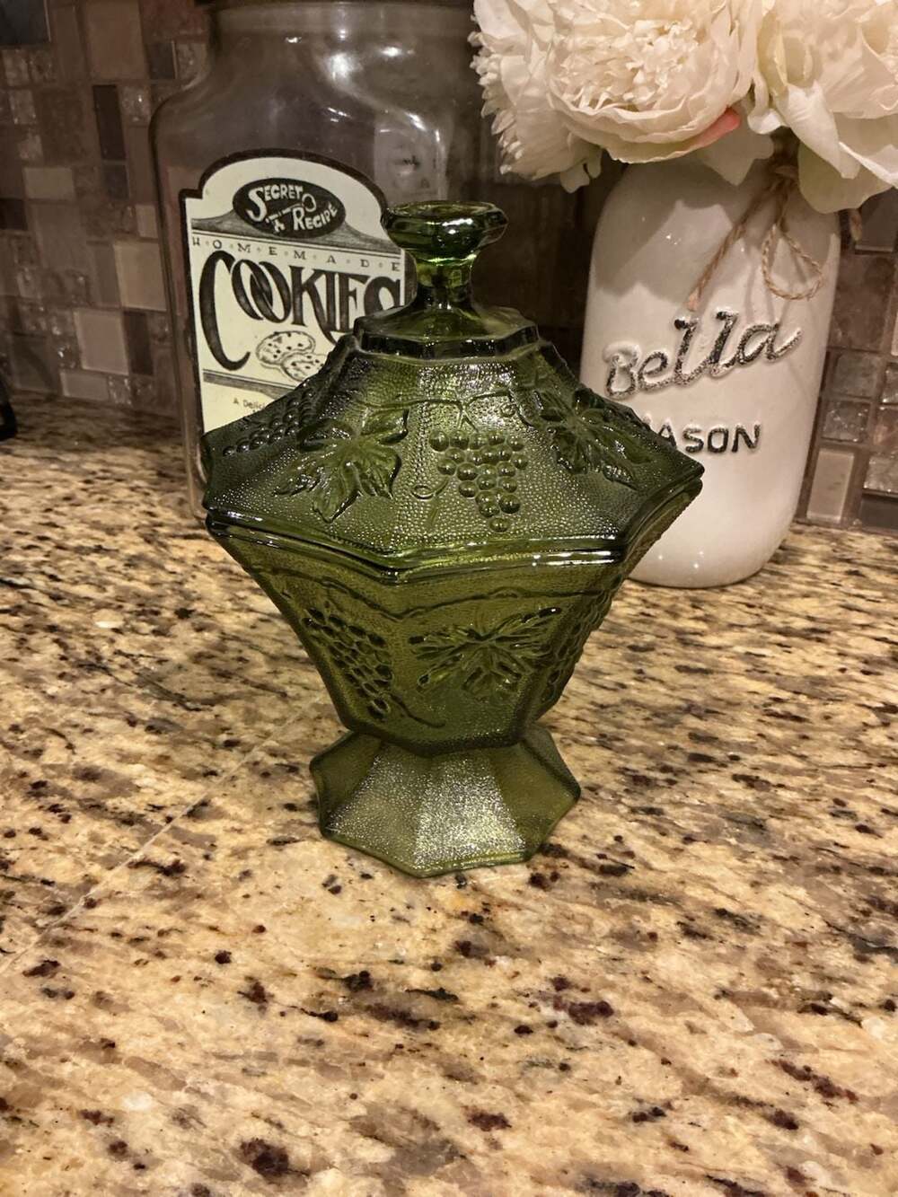 Anchor Hocking Green Avocado Grape Pattern Paneled Candy Dish With Lid